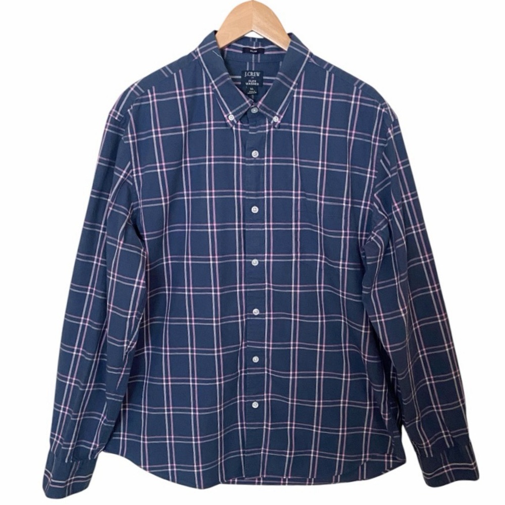 J.Crew Re-Imagined Flex Washed Blue Plaid Long Sleeve Slim Fit Shirt Men's XL